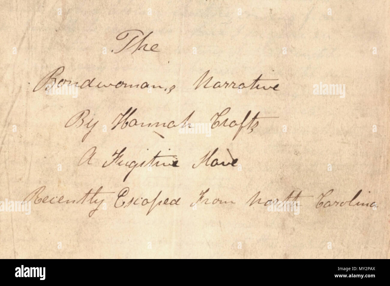 . Englisch: Titelseite des 'der Magd Erzählung, "von Hannah Handwerk geschrieben (der Name kann ein Pseudonym sein) Ca. 1853-1861. Das Buch ist eine Fiktionalisierte autobiographie von einem Flüchtling Slave geschrieben "Neu aus North Carolina entgangen." Mit freundlicher Genehmigung der Beinecke Rare Book, Manuscript Library, Yale University, New Haven, Connecticut. Geschenk von Henry Louis Gates (Yale '73). 29 März 2013, 23:58:09. Hannah Crafts 518 Der Magd Erzählung Titel Seite Stockfoto