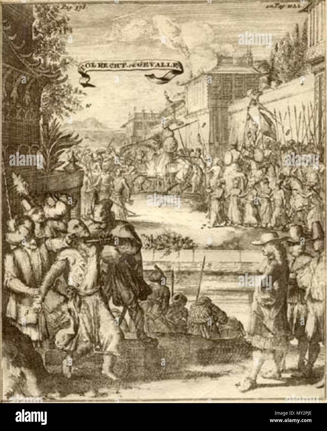 . Deutsch: Das Duch den Jesuiten, und der König von Golconda - c.1630 Quelle: ebay, Okt. 2001" in der Ferne der König von Golconda Fahrten in Begleitung seiner Höflinge; näher zu uns ein beunruhigender Drama verordnet wird. Drei Niederländer auf der rechten Seite Blick auf mit offensichtlicher Zufriedenheit, als ein Mann, der als ein Jesuit festgefressen ist und anscheinend vor einem Toll House erstochen. Die Details der Veranstaltung in dieser lebendigen Szene aufgezeichnet sind leider fehlt; es stammt aus einer Publikation, die wahrscheinlich von den 1630er Jahren, der Dutch East India Company. Ein Bild von einem Jesuiten, die raue Gerechtigkeit in der vorh Stockfoto