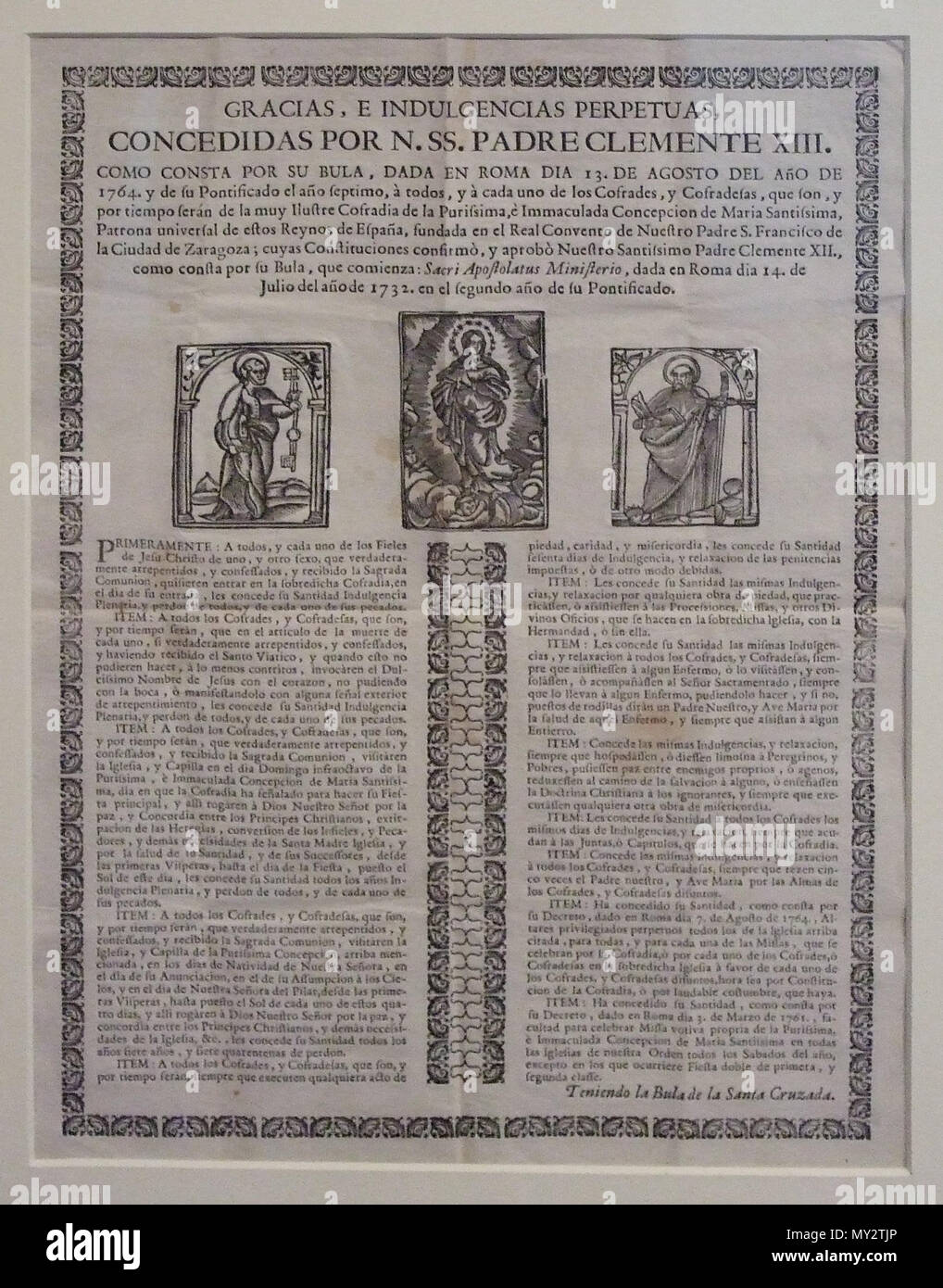 . Español: Anónimo, Gracias e indulgencias de la Cofradía de la Purísima e Inmaculada Concepción Último tercio Del Siglo XVIII Colección Aubá, Zaragoza. 18. 257 Indulgencia Ecelan Stockfoto