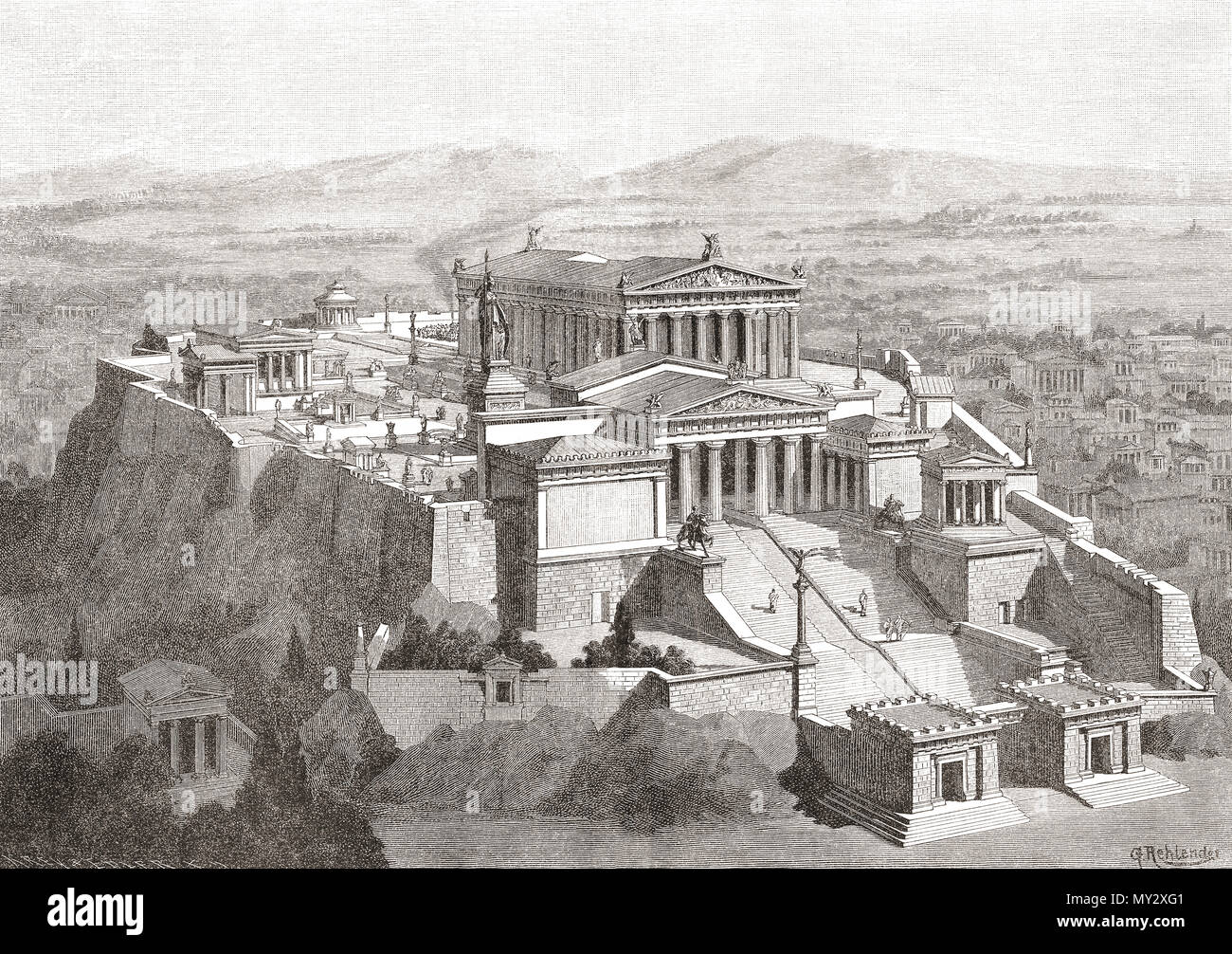 Künstlerische Darstellung der Akropolis von Athen im alten Griechenland. Stockfoto