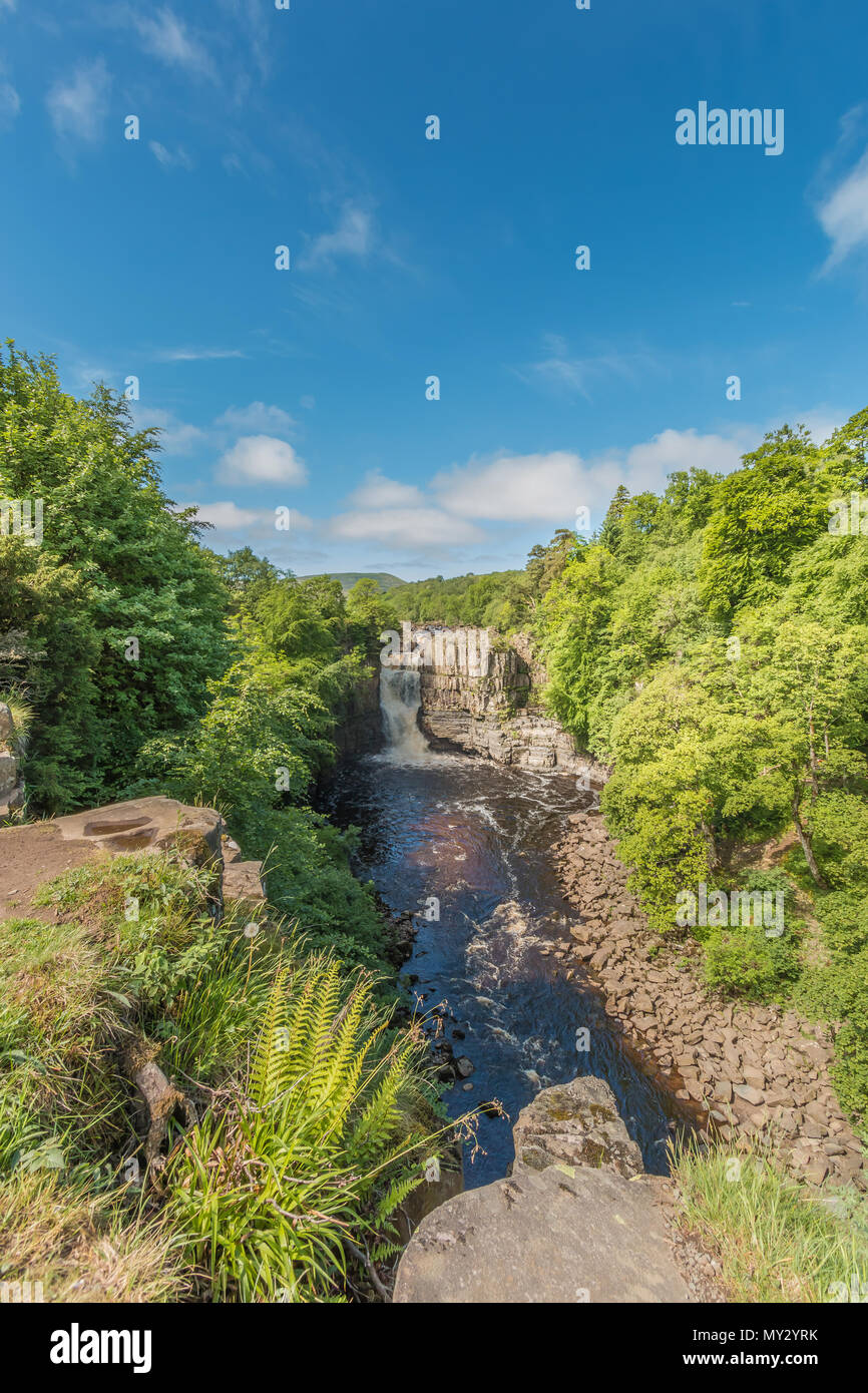 Hohe Kraft Wasserfall, Teesdale, North Pennines AONB, UK ab der Pennine Way langen Fußweg im frühen Sommer Sonnenschein gesehen, mit Kopie Raum Stockfoto