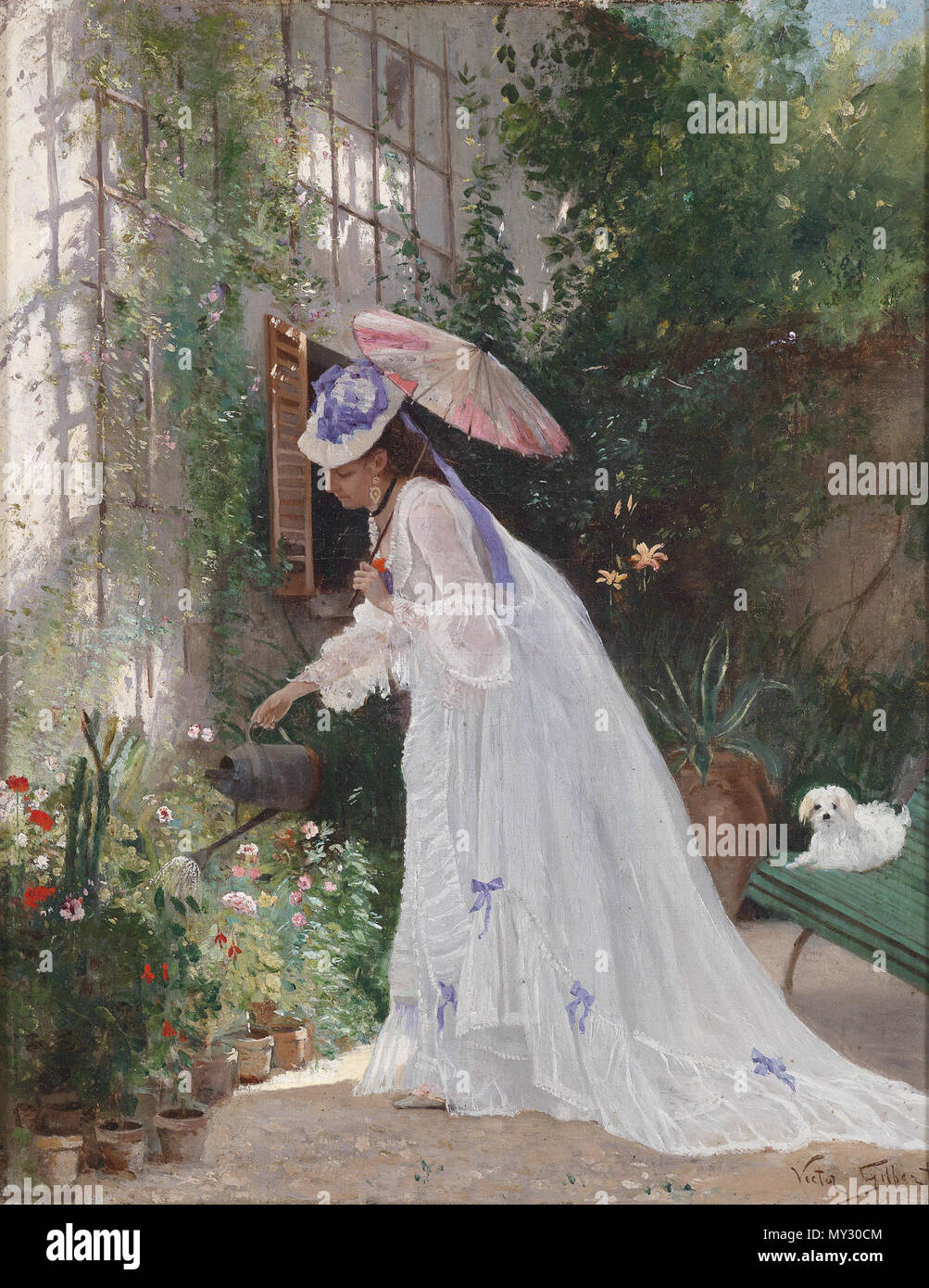 . English: Liebevolle Blumenpflege, signiert Victor Gilbert, Öl auf Leinwand, 40,5 x 32,5 cm. von 1933. Victor Gabriel Gilbert (1847-1933) 549 Victor Gabriel Gilbert Liebevolle Blumenpflege Stockfoto