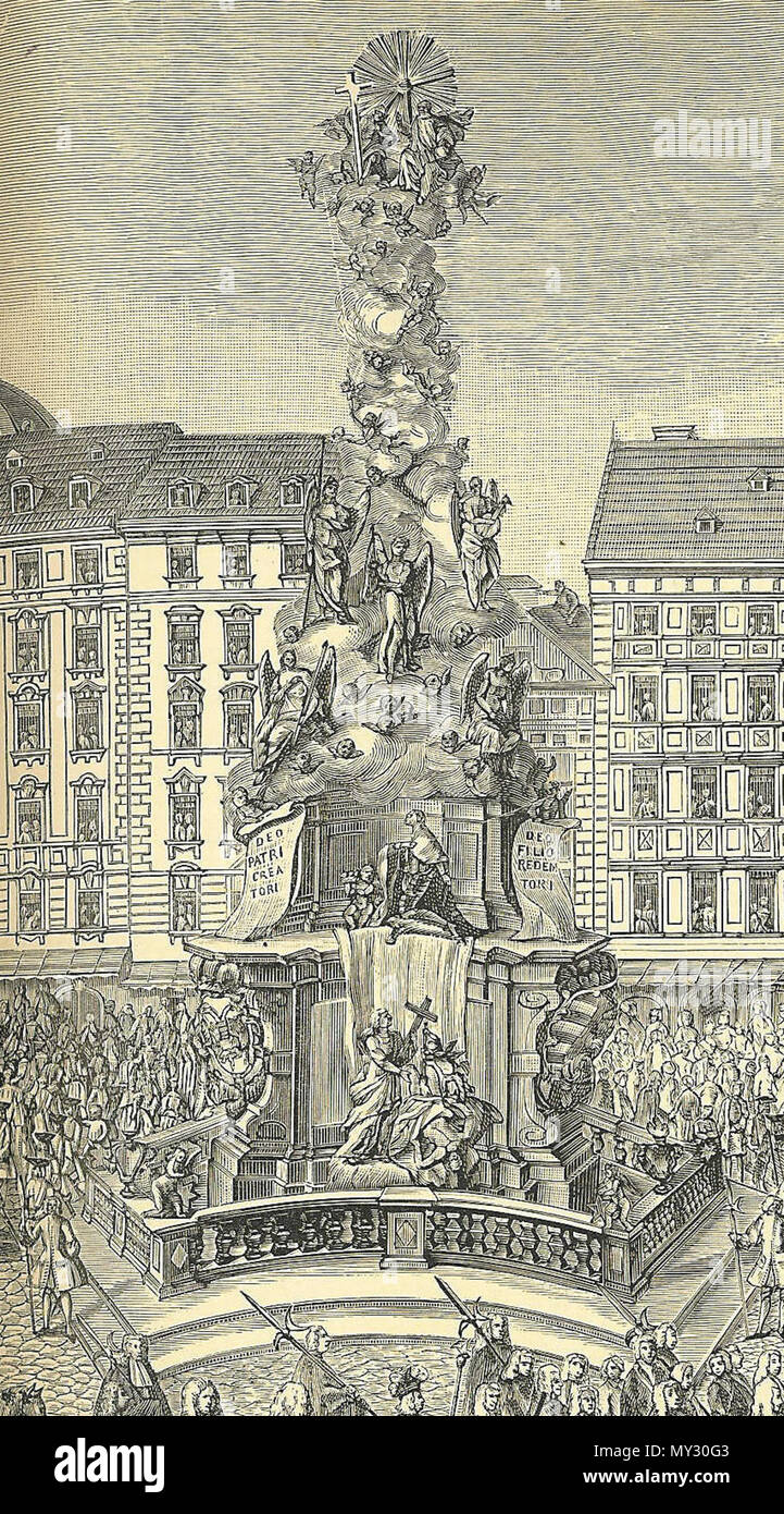 . Pestsäule in Wien. Detail "Der Eid der Treue zu Maria Theresia, Erzherzogin von Österreich am 22. November 1740. Von Georg Christoph Kriegl 'sEid der Treue", Wien, 1742. (Nach dem Original im Germanischen Nationalmuseum in Nürnberg.)". 1902. 'Von Georg Christoph Kriegl 'sEid der Treue", Wien, 1742." 550 Wien - Pestsäule - Gravur Stockfoto