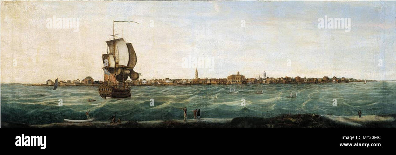 Englisch: Charleston, South Carolina: Öl auf Leinwand, HOA: 20 ¼", WOA: 60  "Eine der bemerkenswertesten Landschaften in den frühen Süden produziert  wird der Hafen von Charleston, im Jahre 1774 von Thomas