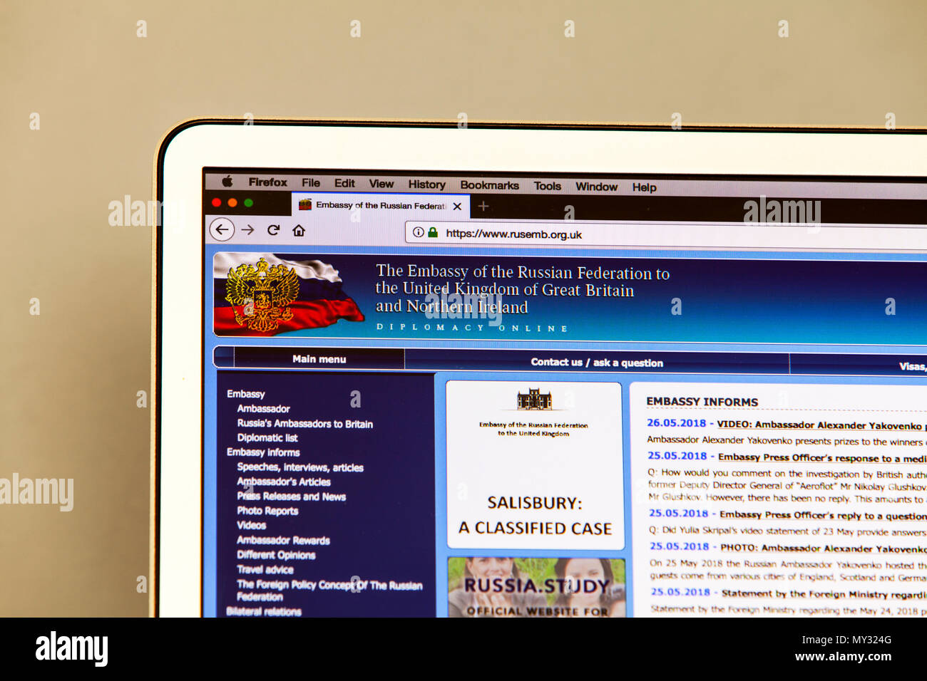 Russische Föderation Website der Botschaft der Russischen Föderation in die UK-Website, Botschaft der Russischen Föderation, der russischen Botschaft Website, Internet Stockfoto