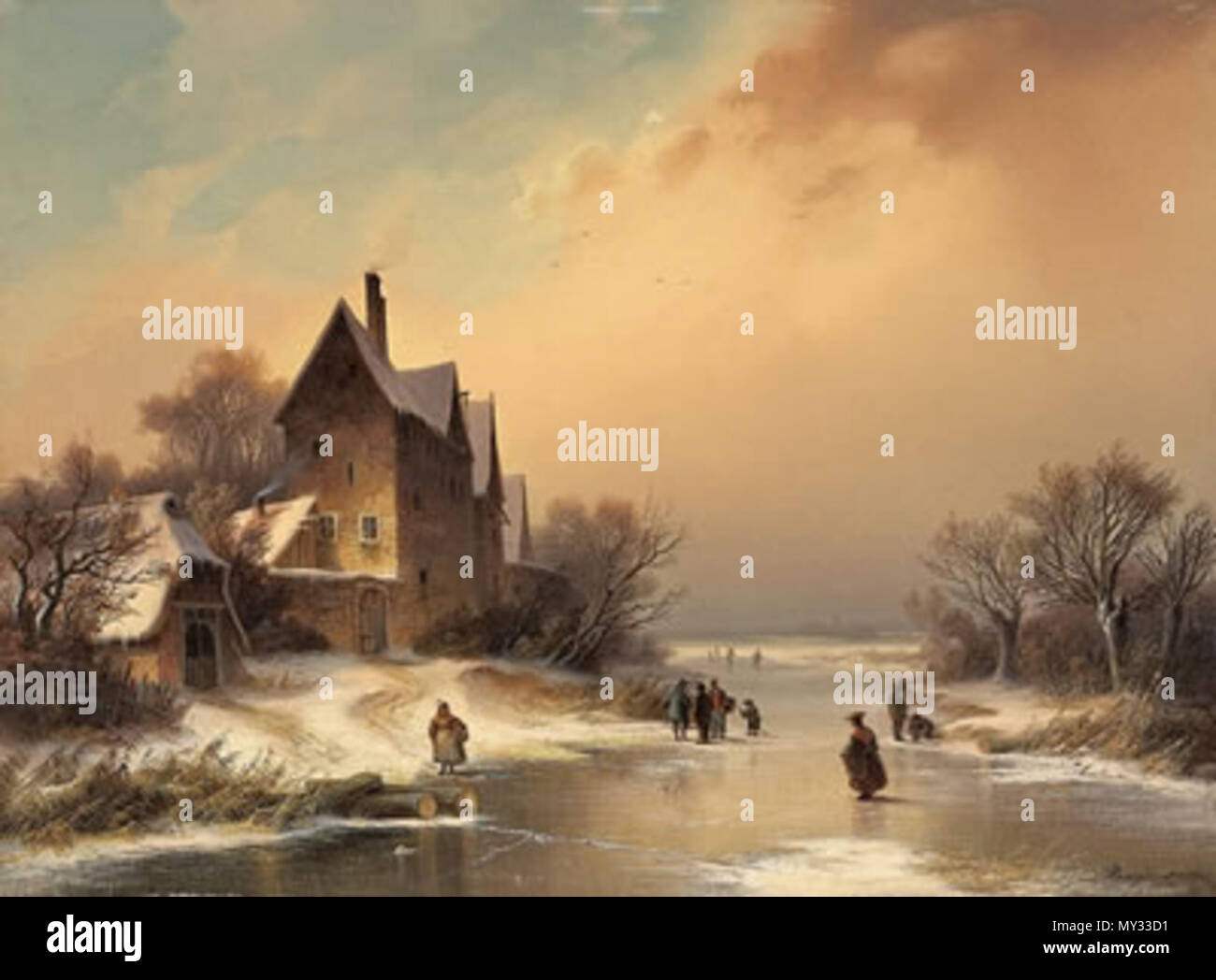 . Englisch: Dietrich Langko (1819 - 1896). Winterlandschaft mit zugefrorenen Fluss. 19. Dietrich Langko 566 WINTERLANDSCHAFT MIT zugefrorenen Fluss Stockfoto