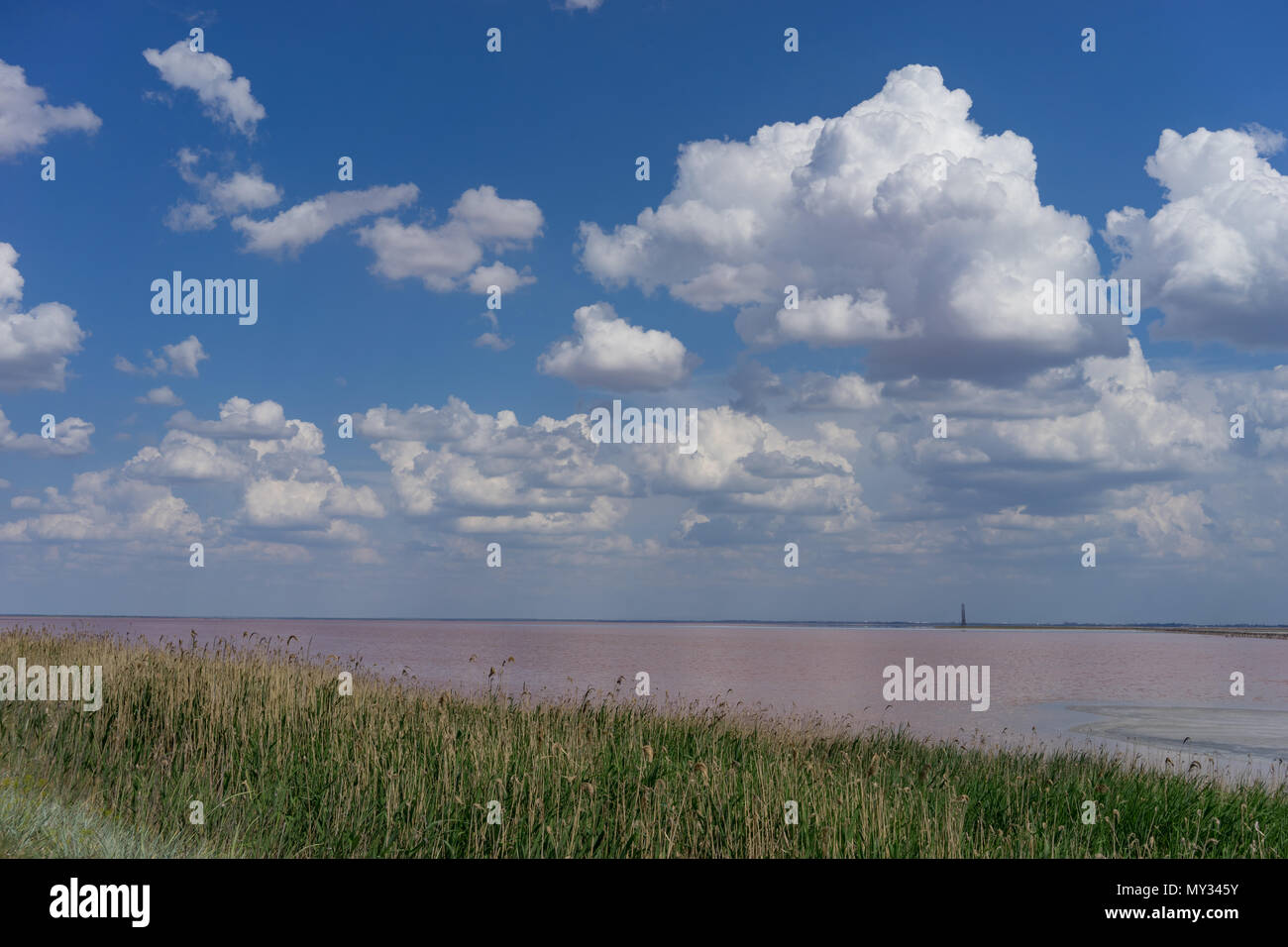 Die bewölkten Himmel über den rosafarbenen See Sasyk-Sivash. Jewpatoria, Krim. Stockfoto