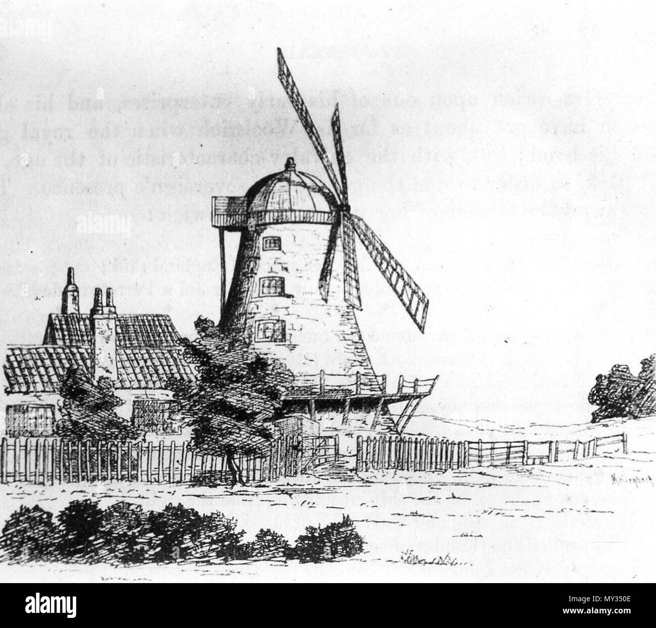 . Englisch: Plumstead gemeinsame Windmühle, Zeichnung von Ranwell datiert 1820. Wie eine Postkarte durch eine Uhr Barkway, Plumstead Gemeinsamen reproduziert. 1820. 427 Ranwell Plumstead Gemeinsamen 1820 Stockfoto