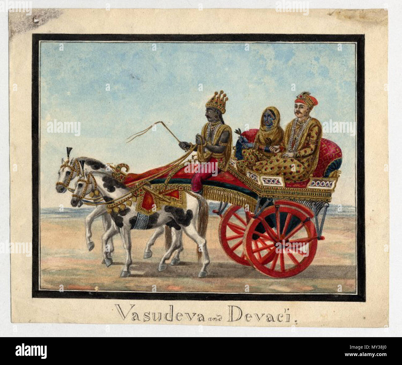 Englisch: Aquarell auf Papier des Vasudeva und Devaki in einem Wagen  unterwegs. Der Schlitten ist kunstvoll gestaltet und von zwei Pferden, die  auch Dekoration auf Ihrem Gebiß gezogen haben. Der Schlitten