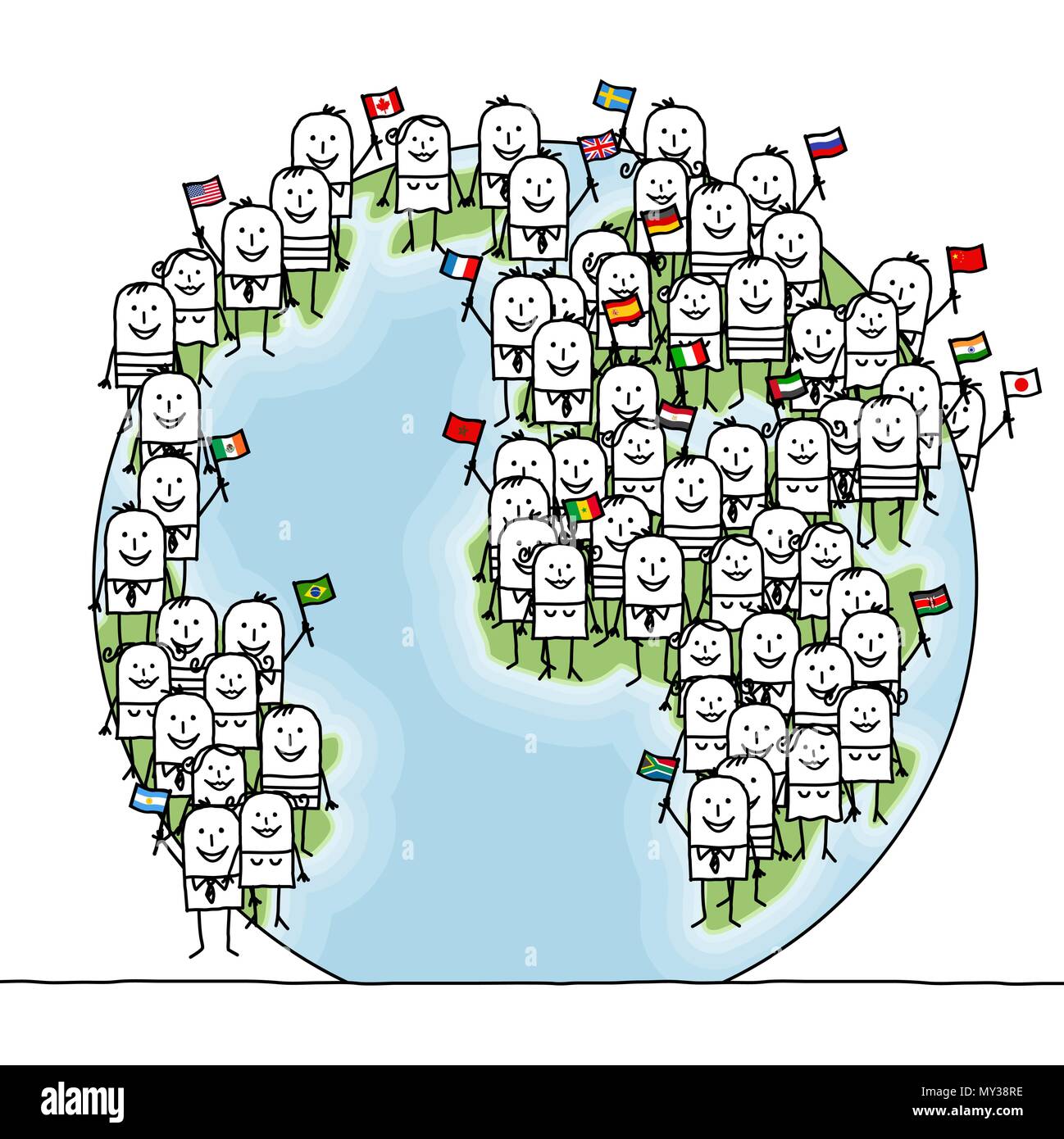 Cartoon Welt Menschen mit Fahnen Stock Vektor