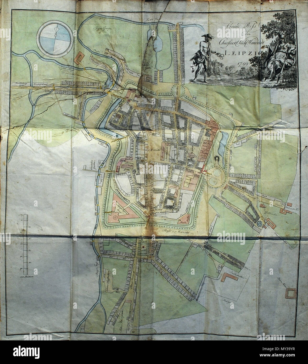 . Deutsch: Leipzig. Gefalteter Stadtplan in F. G. Leonhardi: Geschichte und Beschreibung der Kreis- und Handelsstadt Leipzig. Leipzig: G. Beygang 1799. Aquarellierter Kupferstich 49 x 45 cm Plattenrand. In der Kartusche dsub Ihr Browser kann leider keine eingebetteten Frames anzeigen Merkur und Minerva (Leipzig als Handels- und Universitätsstadt). 1799, Foto 2. November 2008.. © Foto H.-P.Haack 318 Leipzig 1799 Stockfoto