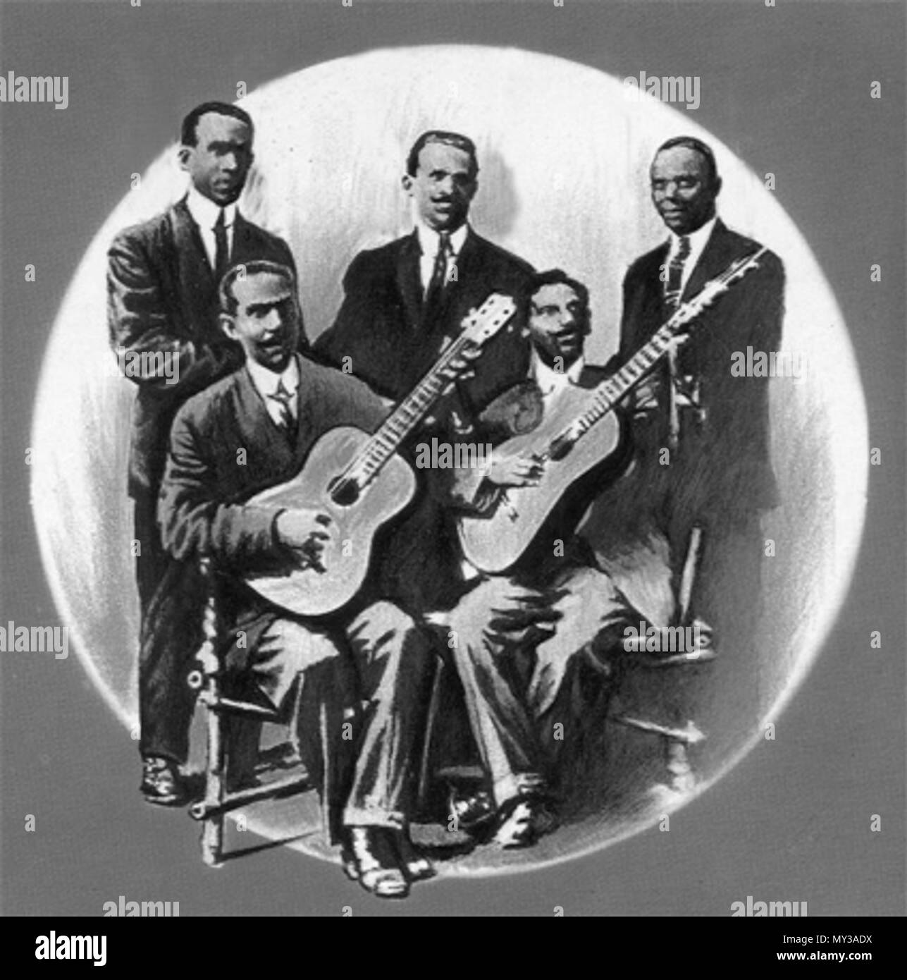 . Englisch: Foto von Pepe Sánchez und Emiliano Blez mit drei Sängern "Quinteto de Pepe Sánchez'. 1910. Unbekannt 473 Sanchez + Blez Stockfoto