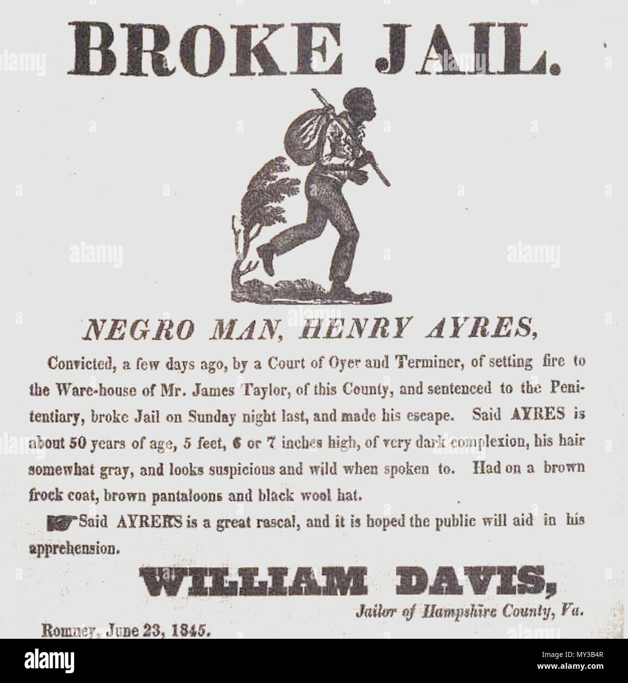 . Englisch: entlaufenen Sklaven Breitseite, Hampshire County, Virginia (West Virginia), 1845. 1845. Anonym 569 WVSlaveBroadside Stockfoto