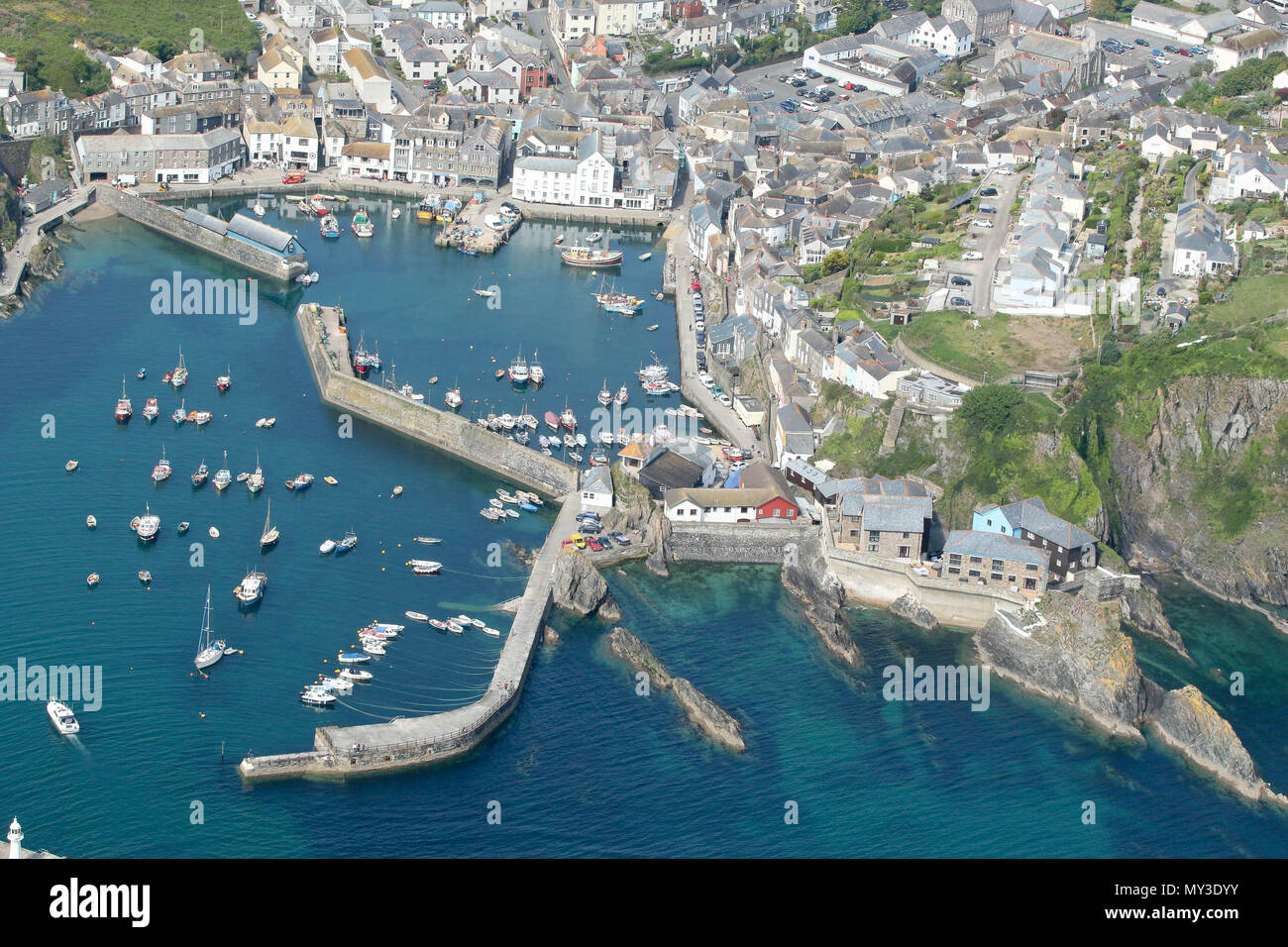 Hafen von Mevagissey Cornwall, UK. Birds Eye View. Stockfoto