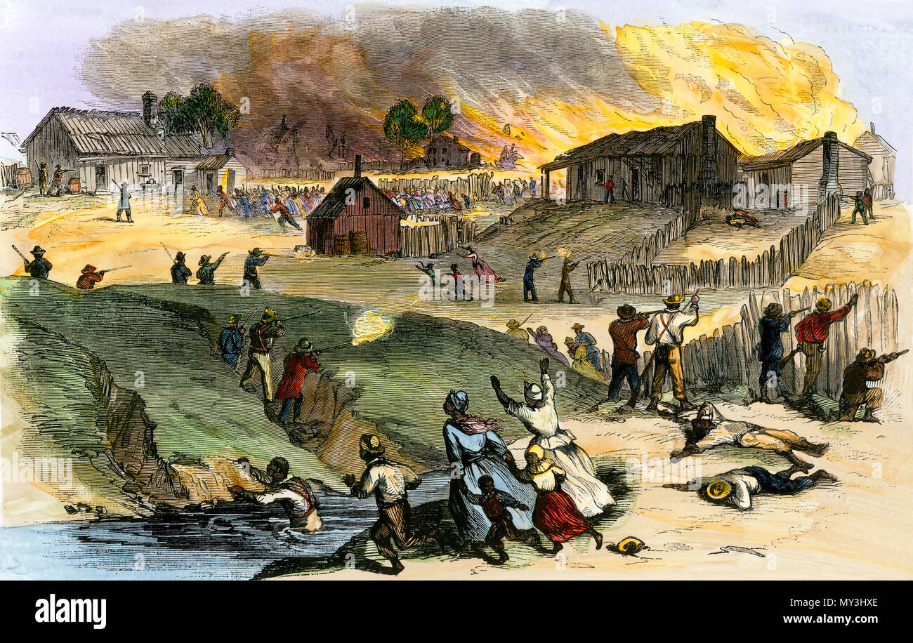 Weiß schießenden schwarzen Familien in Memphis, TN race Riot, 1866. Hand - farbige Holzschnitt Stockfoto