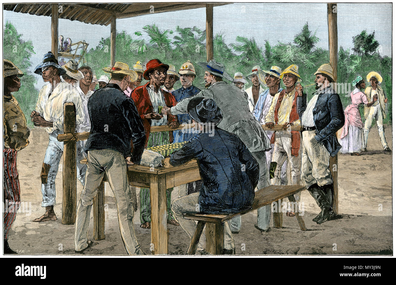 Französische Zahlstellen eingeborener Arbeitnehmer Bau des Panamakanals, 1880. Hand - farbige Holzschnitt Stockfoto