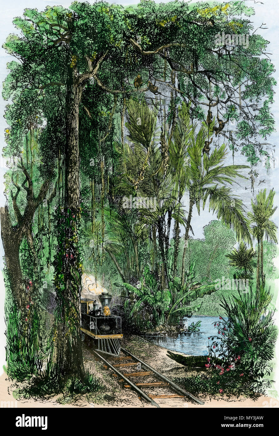 Panama Railroad, 1880. Hand - farbige Holzschnitt Stockfoto