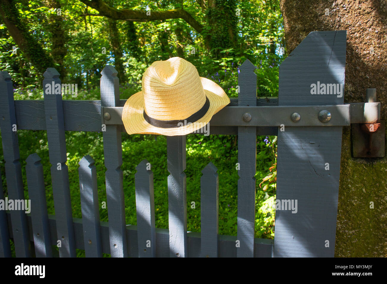 A bemannt Stroh Hut auf einem Garten Tor links - Johannes Gollop Stockfoto