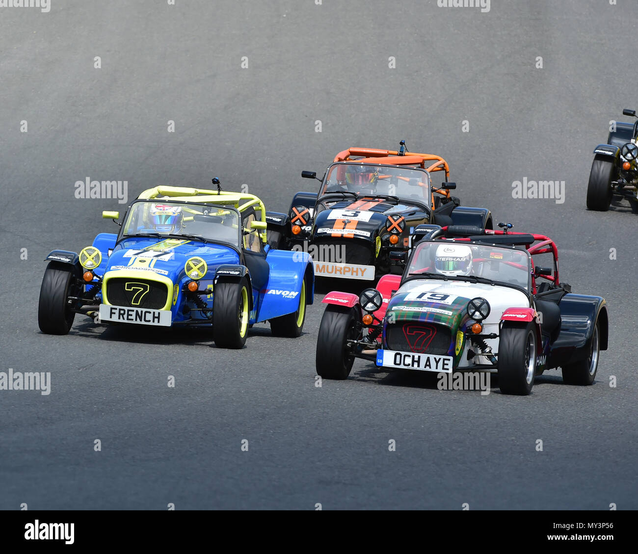 James Murphy, Graham MacDonald, Daniel Französisch, Caterham Roadsport, Caterham Roadsport Meisterschaft, TCR UK Rennwochenende, Brands Hatch, Juni 2018, Auto Stockfoto