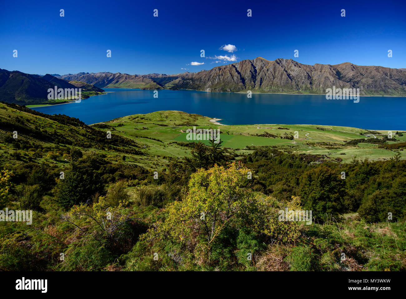 Blick auf den Lake Wanaka mit Bergen, Südinsel, Neuseeland Stockfoto