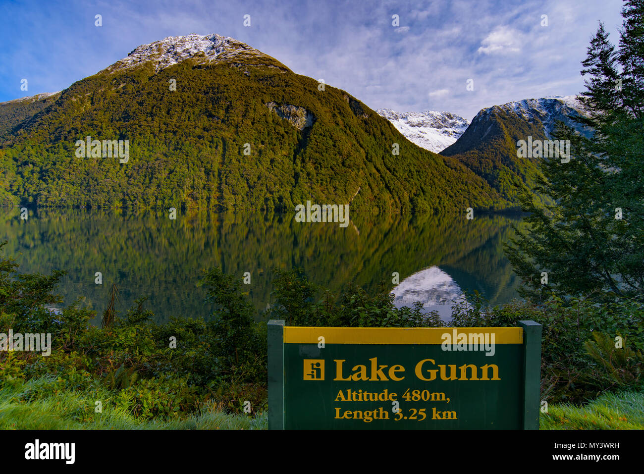 Lake Gunn mit Bergen und Reflexion auf dem Wasser, Südinsel, Neuseeland Stockfoto