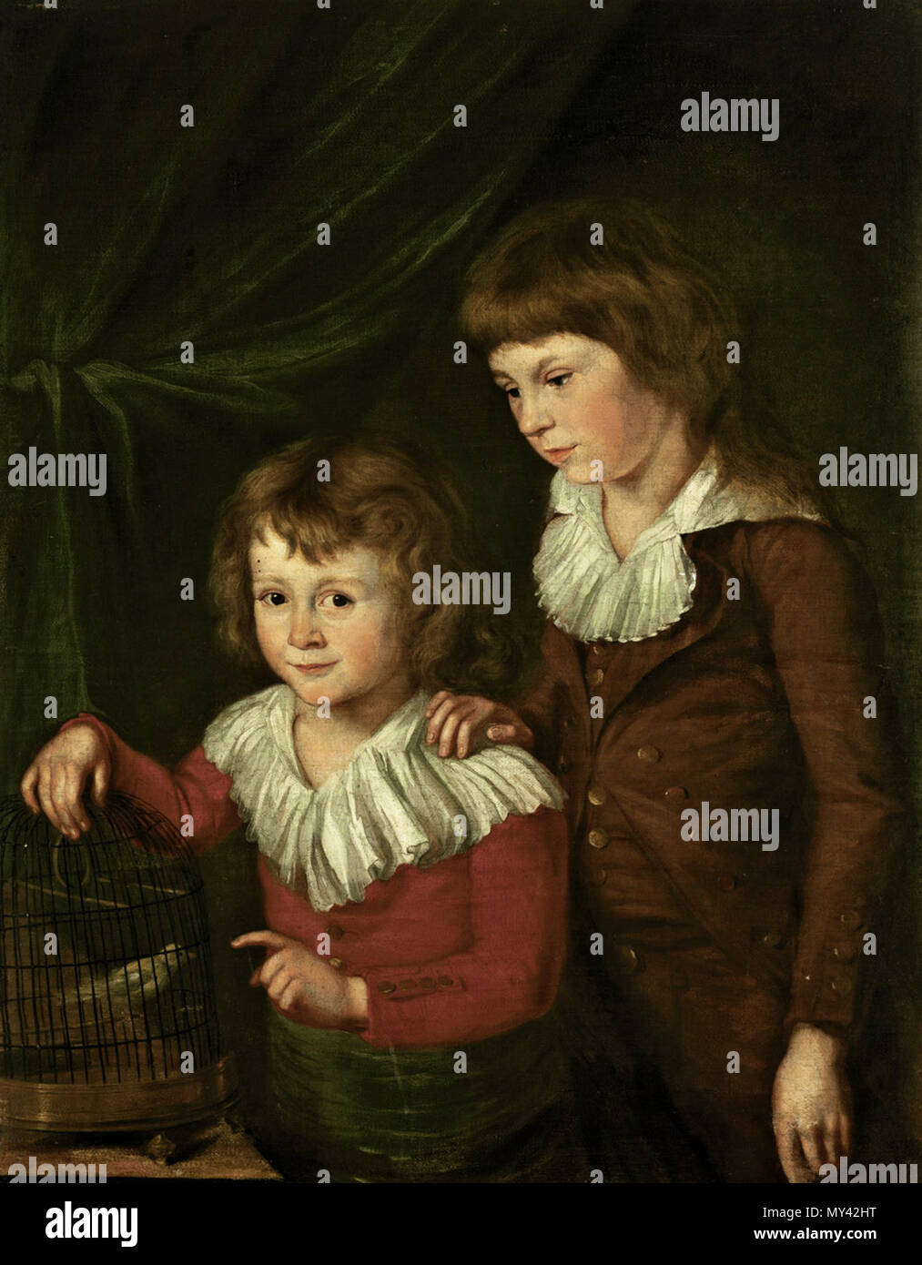 . Bildnis zweier Knaben mit einem Vogelbauer. Öl auf Leinwand. 82 x 64 cm. 18./19. Jahrhundert. anonymen Künstlers im Stil von Christian Leberecht Vogel 577 Zwei Knaben mit Vogelbauer Vogel Umkreis Chr Leb Stockfoto . Bildnis zweier Knaben mit einem Vogelbauer. Öl auf Leinwand. 82 x 64 cm. 18./19. Jahrhundert. anonymen Künstlers im Stil von Christian Leberecht Vogel 577 Zwei Knaben mit Vogelbauer Vogel Umkreis Chr Leb Stockfoto
