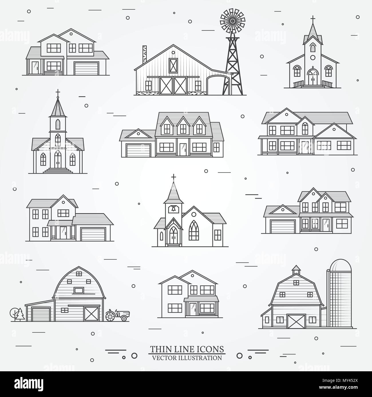 Der dünne Linie Symbol suburban amerikanische Häuser, Kirchen und Bauernhöfe. Für web design und Application Interface, auch nützlich für Infografiken. Vektor krank Stock Vektor