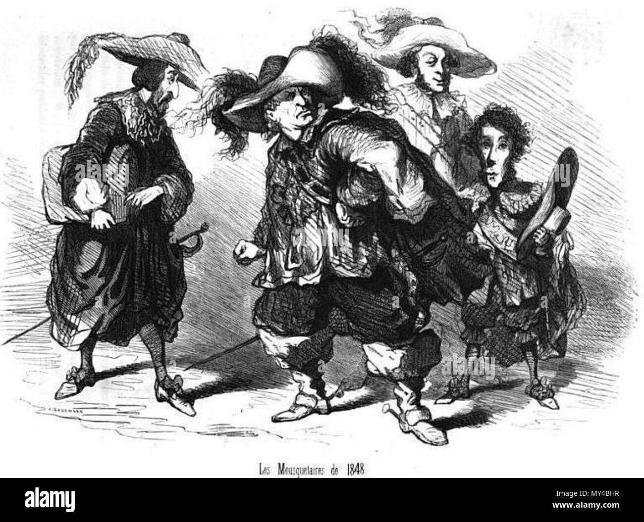 . Français: 'Les Mousquetaires de 1848 "par Cham. De gauche à Droite: Falloux en Aramis, Odilon Barrot en Athos, Buffet en Porthos, et Léon Faucher en d'Artagnan. 1850. Cham (Amédée de Noé) 372 Mousquetaires de 1848 par Cham Stockfoto