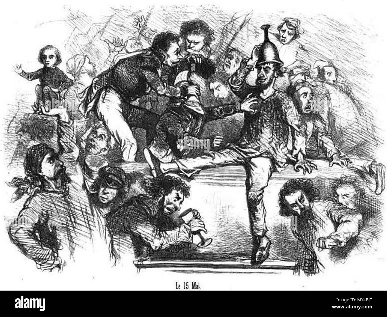 . Français: Karikatur de Cham représentant l'Intrusion des manifestants dans l'Assemblée Nationale Constituante (15 Mai 1848). Un des manifestants tient Louis Blanc dans sa Main. 1850. Cham (Amédée de Noé) 3 15 Mai par Cham Stockfoto