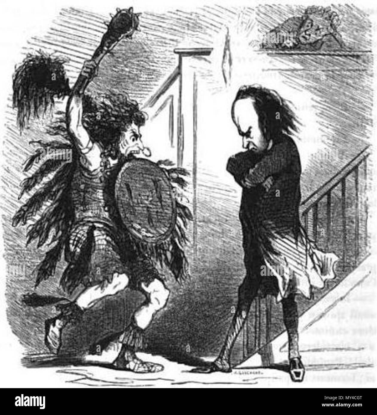 . Français: Conflit entre Jean-Martial Bineau (ici Ioway déguisé en''), Berichterstatter de la Kommission du Budget rectifié de 1848, et Victor Hugo, à propos d'une réduction du Budget des Beaux-Arts (Assemblée Nationale Constituante, séance du 11 Novembre 1848). 1850. Cham (Amédée de Noé) 75 Ioway Bineau en contre Victor Hugo par Cham Stockfoto