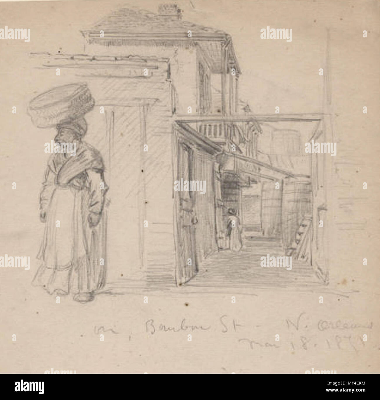 . New Orleans, 1871: "auf der Bourbon Street". Skizze von Alfred R. Waud. 18. März 1871. Alfred Rudolph Waud, 1828-1891 232 1871 HeadCarryingBourbonSt Waud Stockfoto