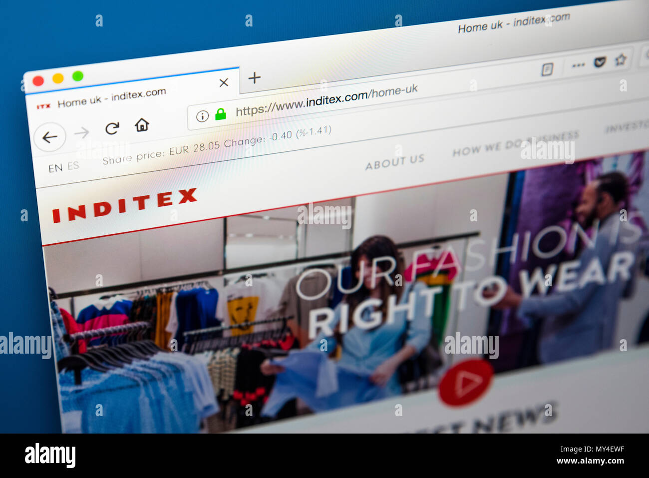 LONDON, UK, 29. Mai 2018: Die Homepage der offiziellen Website für Inditex - die Spanische multinationale Kleidung Firma, am 29. Mai 2018. Stockfoto