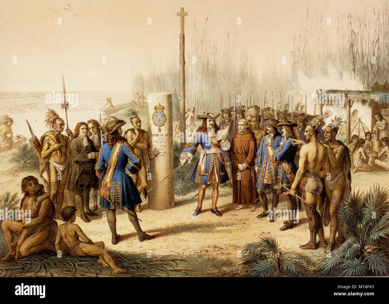 . Englisch: Farblithographie berechtigt, Hebeln de Besitz de La Louisiane et du Fleuve Mississippi (sic; Besitz von Louisiana und Mississippi). 1870. Jean-Adolphe Bocquin (Französische Lithograf, fl. 19 Cent.); durch Lemercier & Cie, Paris.[2] 309 La Salle Mississippi gedruckt Stockfoto