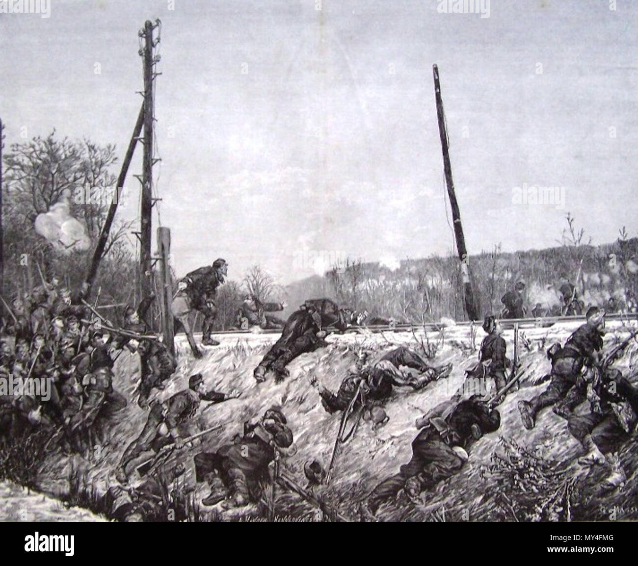 . English: Alphonse De Neuville. 1885. GEFECHT AM EISENBAHNDAMM, Français: Tiefdruck d'après Bekämpfen sur une Voie ferrée (1874). 1885. Alphonse De Neuville 204 GEFECHT AM EISENBAHNDAMM Stockfoto