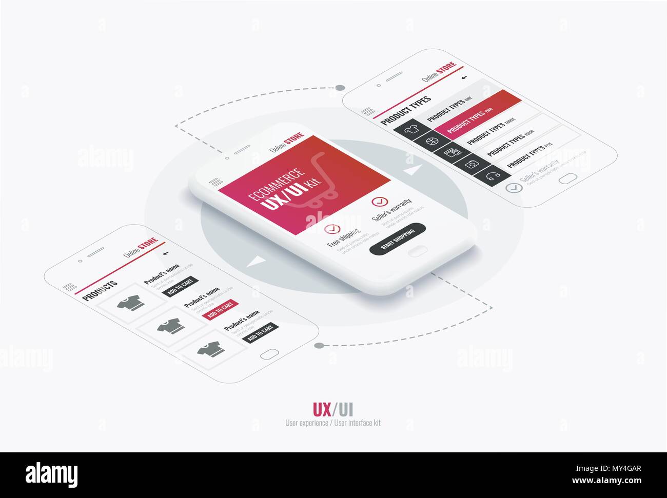 Website Drahtmodell für mobile Apps mit runden Pfeile. Eine konzeptionelle Handys mit Mobile App Seite. User Experience, User Interface im e-commerce Stock Vektor