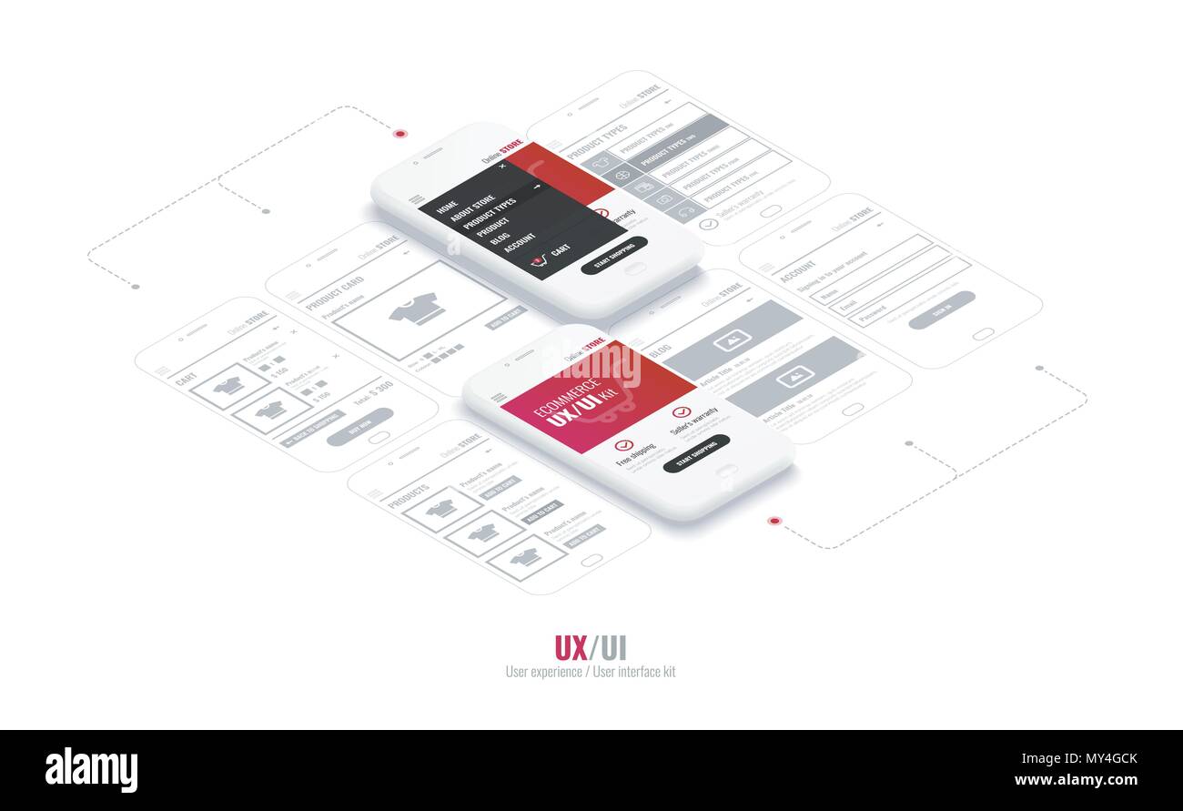 Website Drahtmodell für mobile Apps mit Link. Eine konzeptionelle Handys mit Mobile App Seite. User Experience, User Interface Kit im e-commerce Stock Vektor