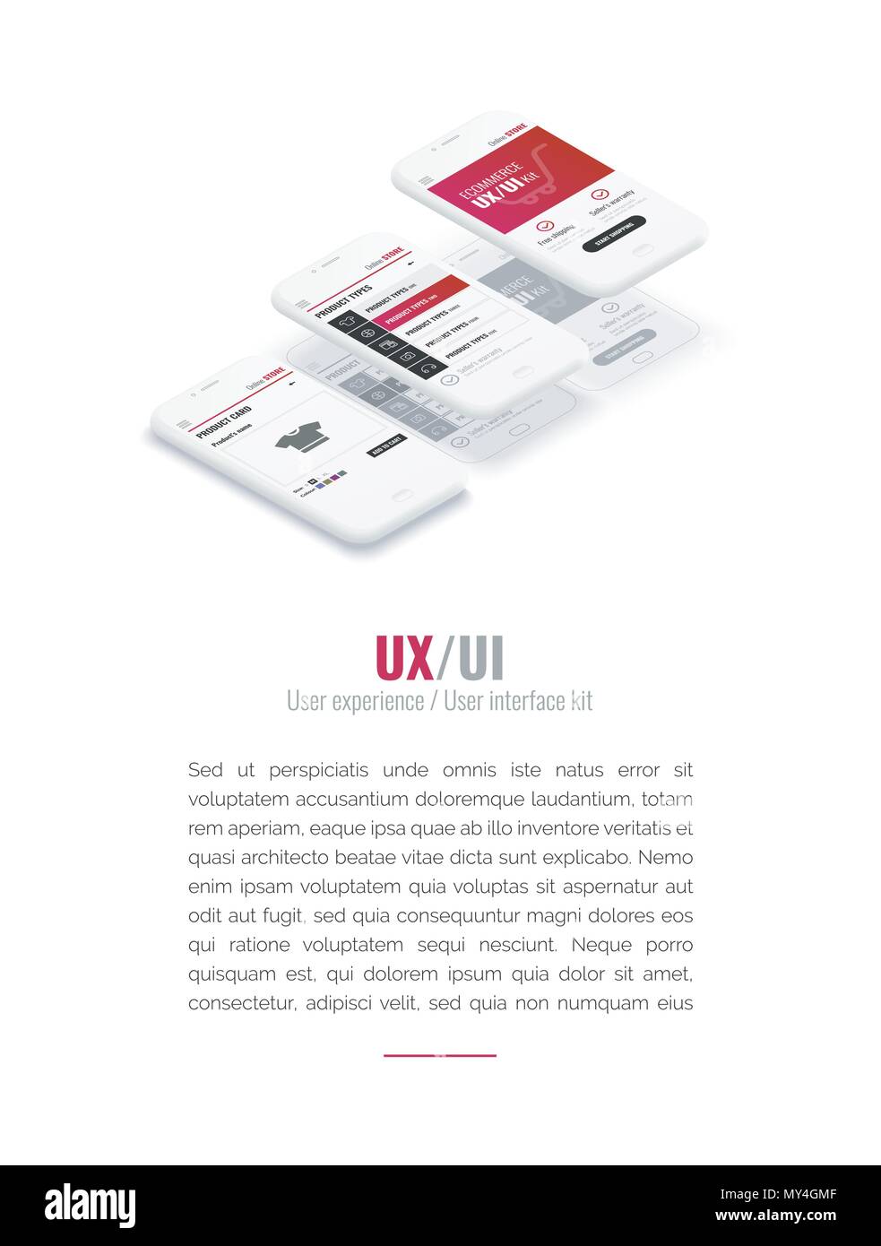 Eine konzeptionelle Handys mit Mobile App pagese und website Drahtmodell. User Experience, User Interface im e-commerce. Website Drahtmodell für mobile Apps. Banner für Web und Druck. Stock Vektor