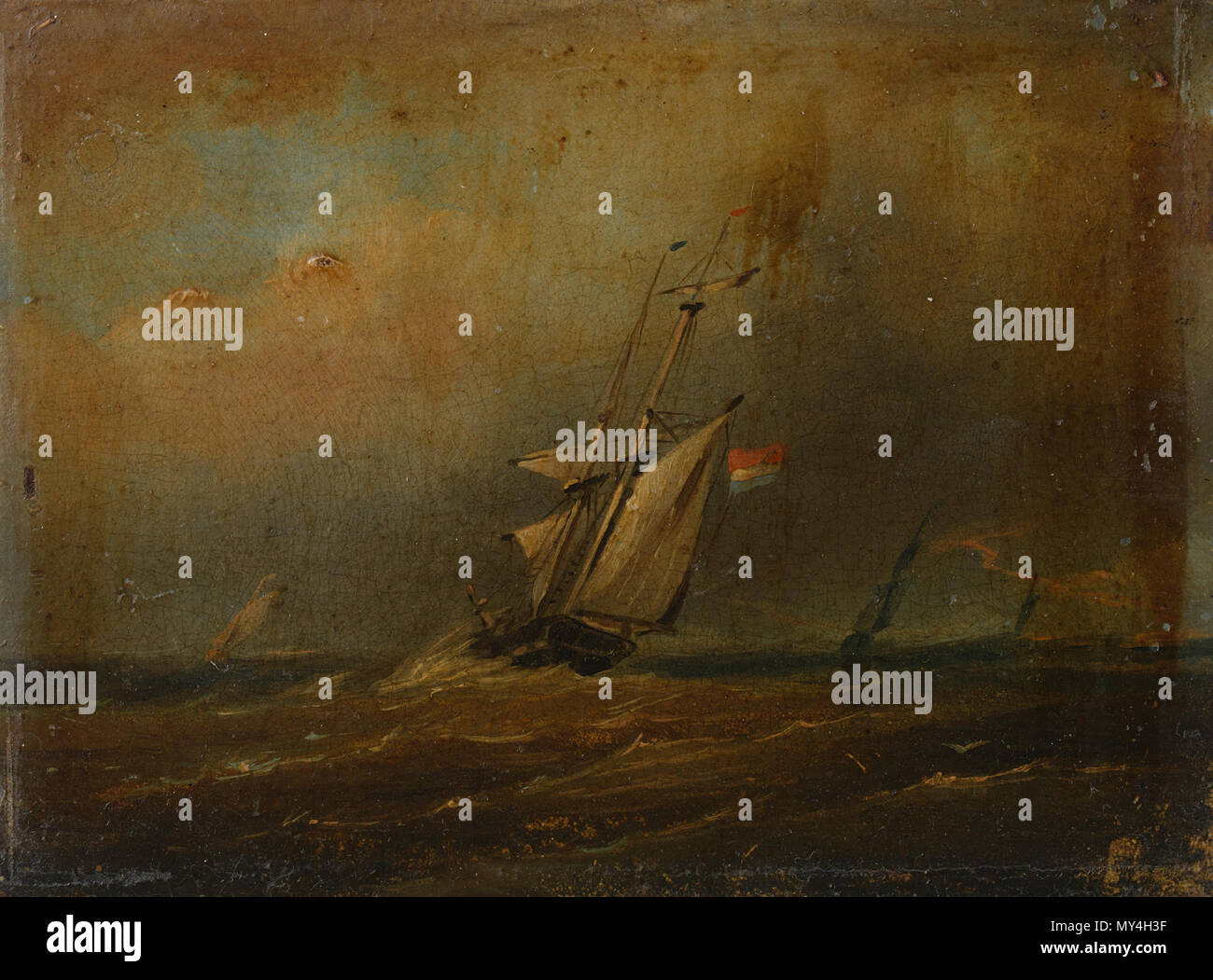 . Englisch: Woelige zee met zeilschepen. Öl auf. 13 × 17,5 cm (5.1 X 6.8 in). Amsterdam, Rijksmuseum Amsterdam. . Zwischen 1825 und 1875. Anonym 566 Woelige zee met zeilschepen Rijksmuseum Amsterdam SK-A-4208 Stockfoto