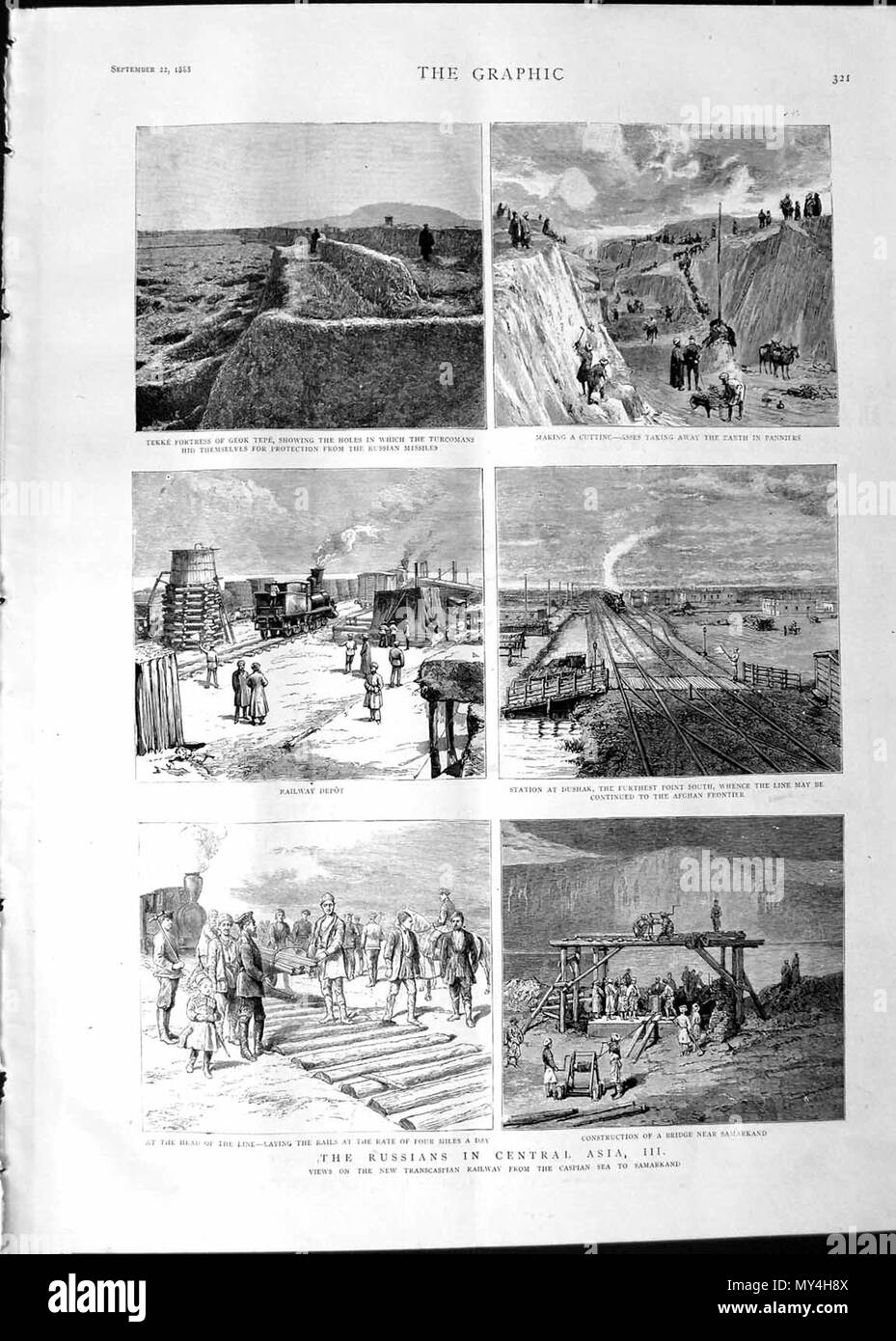. Fotos und Stiche aus der Grafik, die den russischen Einfluss in Zentralasien, einschließlich Bilder der Festung der Geok Tepe. 1888. Unbekannt 9 1888 Russen Asien Tekke Geok Tepe Dushak Eisenbahn Krieg Stockfoto