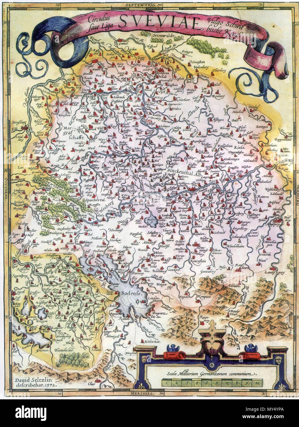 . Die rechte Hälfte der Karte: basiliensis Territorii - Circulus sive Sveviae Liga; von einem Ortelius Atlas; Deutsch: Karte des Schwäbischen Kreises / David Seltzlin 1572 -. Ab 1573;. Ortelius, Abraham; 481 Seltzlin Karte 1572 Stockfoto