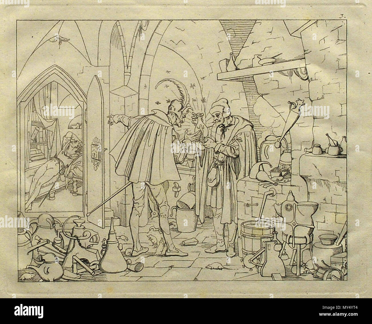 . English: Retzsch, Moritz: Umriss-Radierung (1836) 18,4 x 22,4 cm (Plattenrand). Szene Laboratorium, Faust, der Tragödie zweiter Teil. Aus: Umrisse zu Goethes Faust zweiter Theil. Gezeichnet von Moritz Retzsch. Elf Platten (=Fronti mit Umriss-Radierungen), nebst Andeutungen (=Latest). Stuttgart und Augsburg. J. G. Cotta 1836. 1836, Foto 15. Februar 2009. H.-P.Haack 167 Ernst Moritz Retzsch 1836 Faust II Stockfoto