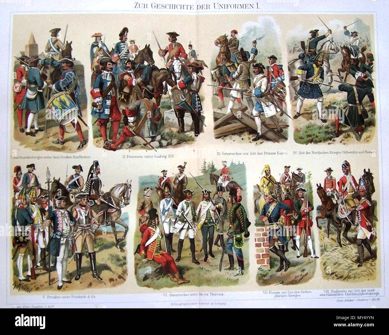 . Русский: Военная форма: 1. Армии Курфюршества Бранденбург, 2. Французской армии Людовика XIV, 3. Армии принца Савойского Евгения, 4. Армий Швеции и России (периода Северной войны), 5. Прусской армии Фридриха Великого, 6. Австро-Венгерской армии Марии - Терезии, 7. Русской армии (периода Семилетней войны), 8. Британской армии (периода американской революции). 1898. op Unbekannt 541 UNIFORMEN 1898 1. Stockfoto