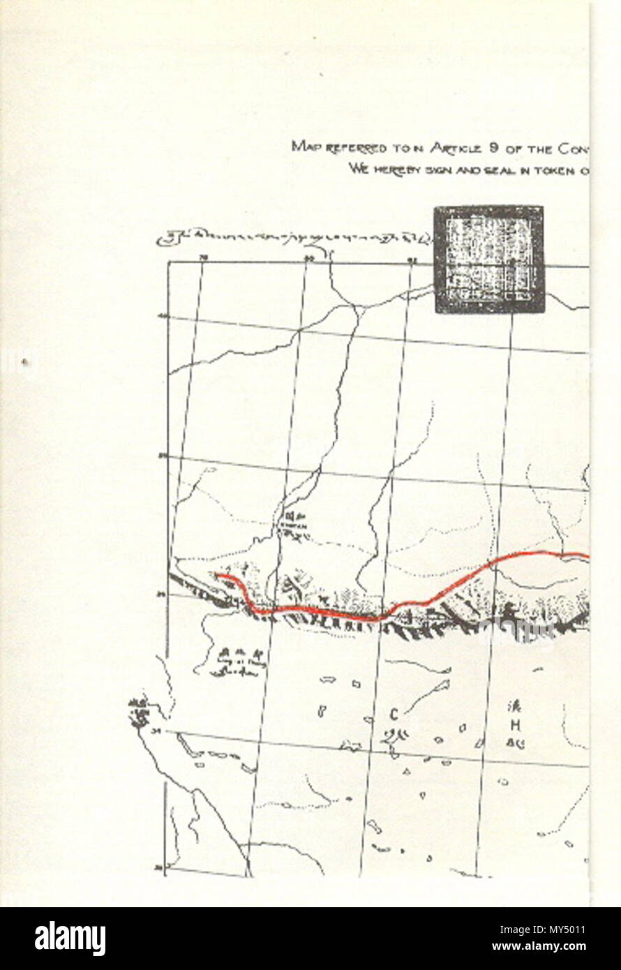 . Englisch: aus der Karte extrahieren, auf die in Artikel 9 der Simla Konvention zwischen Großbritannien, China und Tibet vom 5. Juli 1914, mit der Darstellung der südlichen Grenze von Khotan und Ostturkestan mit Kaschmir auf der Kuen Lun-Spektrum im Bereich der Hindutash in Kaschmir als rote Linie bezeichnet. Die Karte wurde von demjenigen, der britische Vertreter und durch die tibetische und chinesische Vertreter unterzeichnet. Die beiden letztgenannten nicht nur Anfängliche der Konvent aber es unterzeichnet. Die Quelle oder der Schöpfer ist die Regierung von Großbritannien der relevanten Zeitraum (3. Juli 1914). Die Karte ist in allen "note Wert Stockfoto