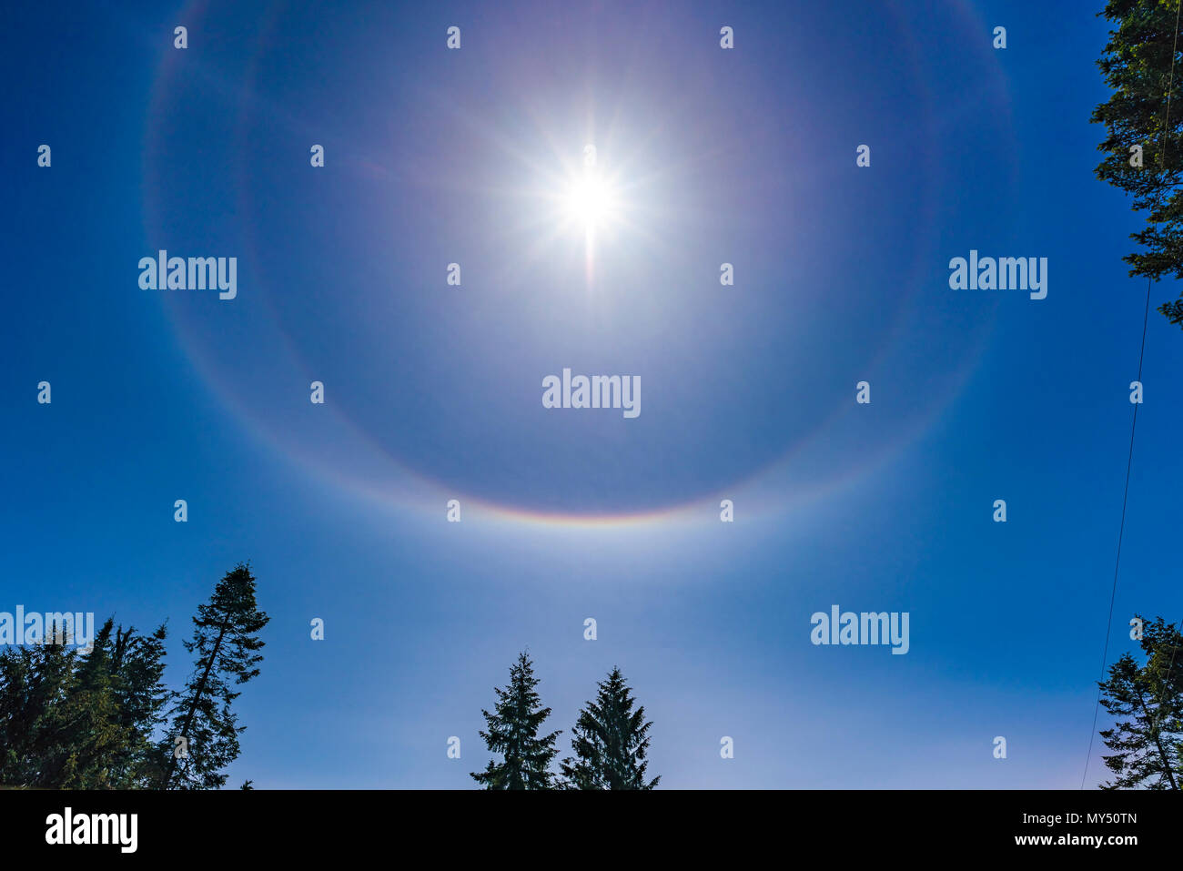 22° Halo Ring von Licht 22 Grad von der Sonne gebildet von Hexagonalen Eiskristalle mit zusätzlichen umschriebenen Halos, Comox Valley, British Columbia, Stockfoto