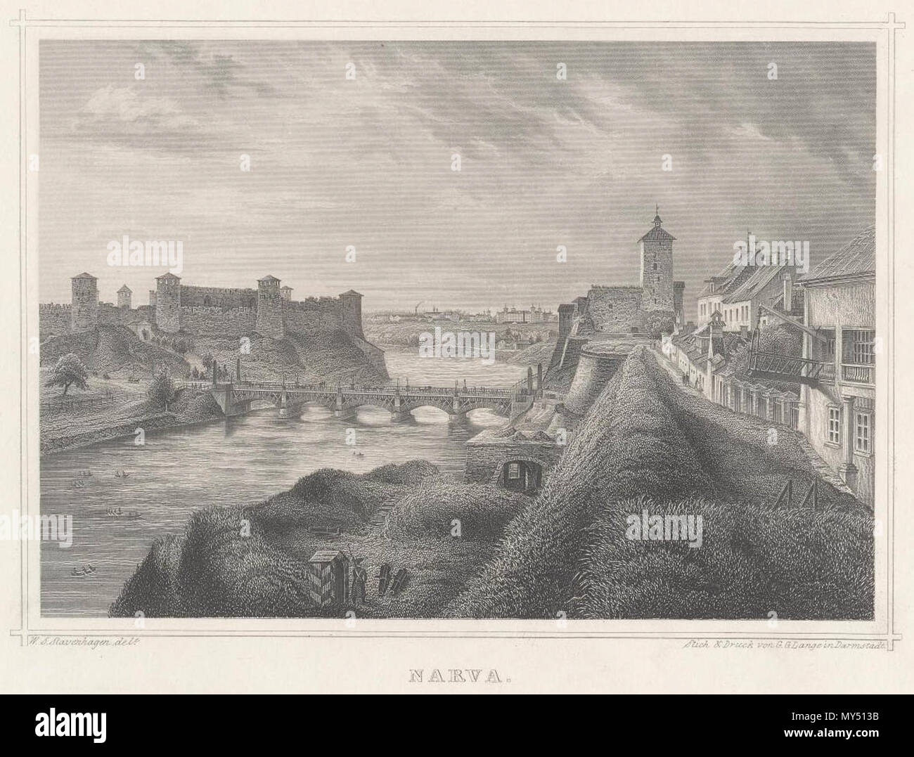 . Englisch: Der Fluss Narva zwischen Narva und Iwangorod (a 1867). 1860. W.S. Stavenhagen (1814-1881) 382 Narva 1860 s Stockfoto