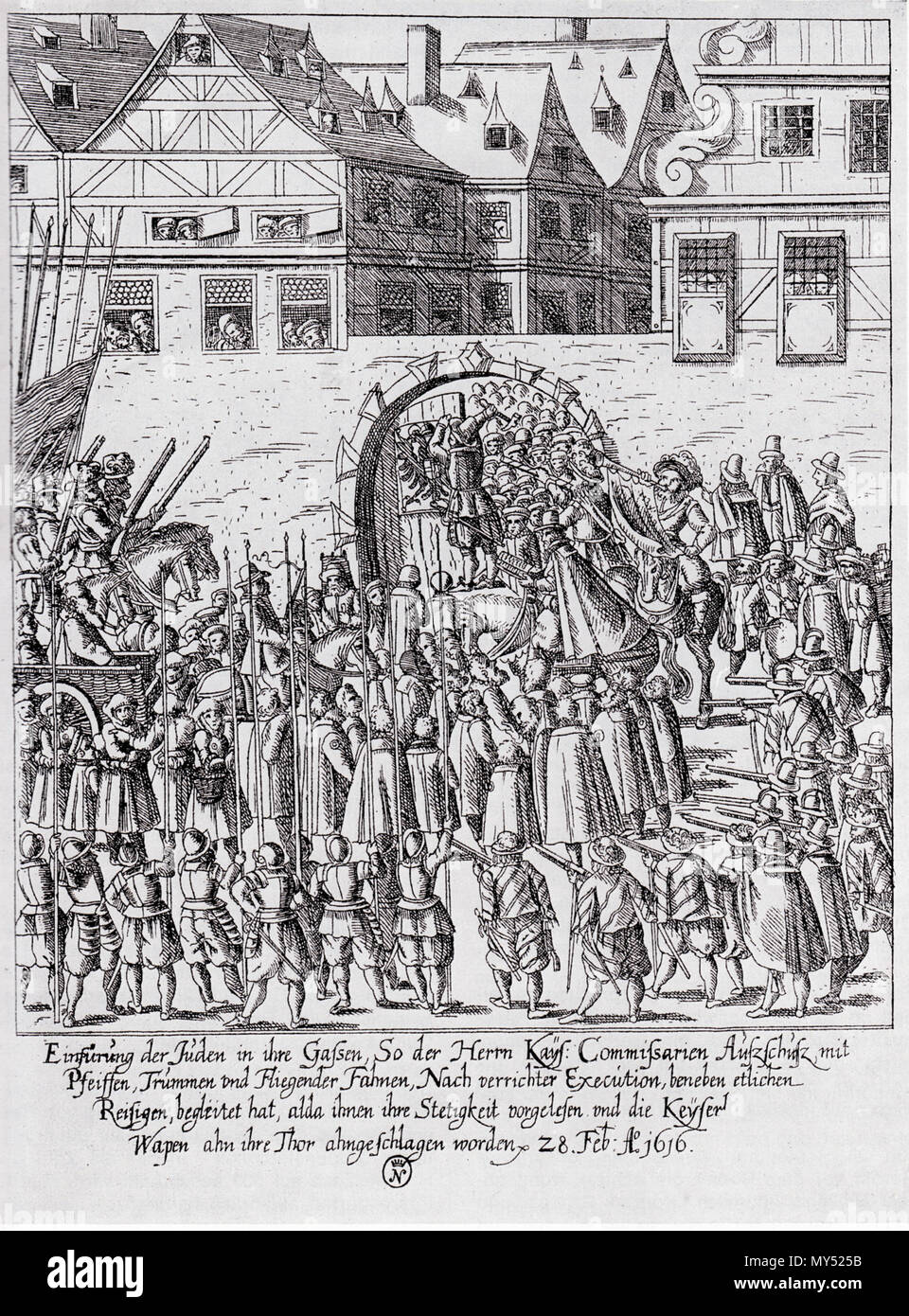 . English: Fettmilch-Aufstand: Wiedereinführung der Frankfurter Juden kaiserlicher gemäß Proklamation am 28. Februar 1616 nach der Hinrichtung Fettmilchs. Englisch: fettmilch Aufstand: Wiedereinführung der Juden in Frankfurt, am 28. Februar 1616 Nach imperial Verkündigung nach fettmilch der Ausführung. 17. Jahrhundert. Unbekannt 561 Wiedereinfuehrung der Quarter 1616 Stockfoto