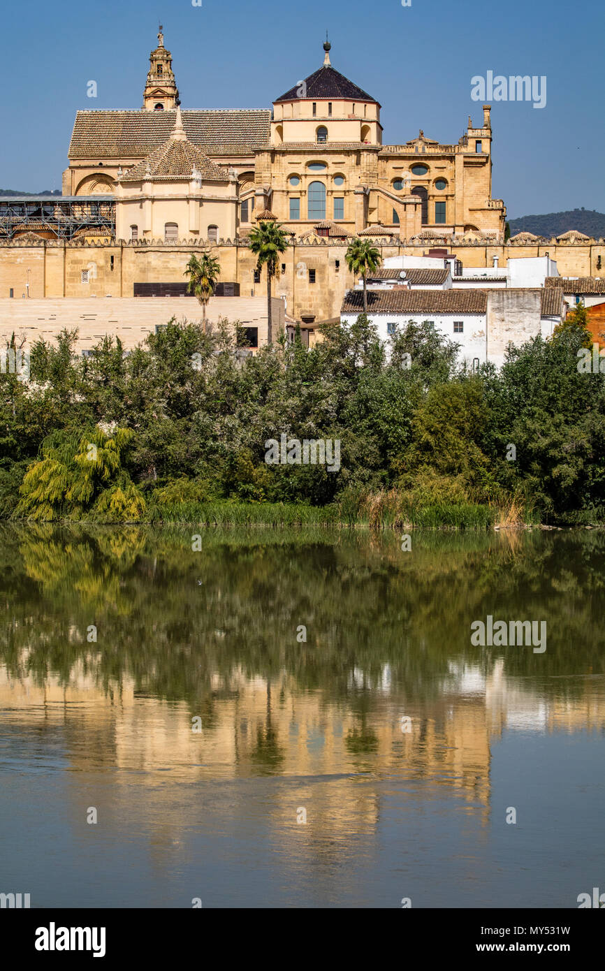 Die Große Moschee von Córdoba aus über den Fluss unter einem blauen Himmel Stockfoto