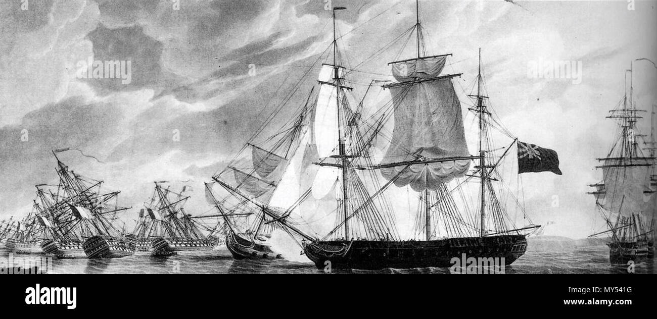 . Englisch: Dieser Blick auf die Flotte des Gegners, Strandete an der Mündung des Flusses Charent, nach gezwungen, aus ihrer Verankerung durch das Feuer wird mit dem Imperieuse und andere Fregatten voran sie anzugreifen, am Morgen des 12. April 1809. Datum unbekannt, aber der Autor starb vor mehr als 70 Jahren. Robert Dodd (1748-1815) 26 Aix-Straßen 1809 Stockfoto