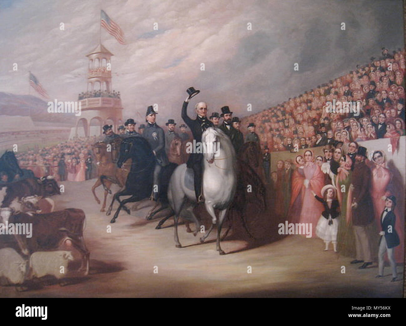 . "Eröffnung Ausstellung des US-Landwirtschaftliche Gesellschaft, Boston, 1855" von William Sharp - Old State House Museum, Boston, Massachusetts, USA. Erstellt C. 1855; Foto am 26. April 2010. genommen. William Sharp (1803 - 1875) Beschreibung amerikanische Lithograph und Grafiker Geburtsdatum / Tod 1803 1875 Behörde: Q 8018327 VIAF: ULAN: 500048619 11307372 LCCN: n 85352332 WorldCat 7 1855 AgriculturalSociety Boston byWilliamSharp Stockfoto