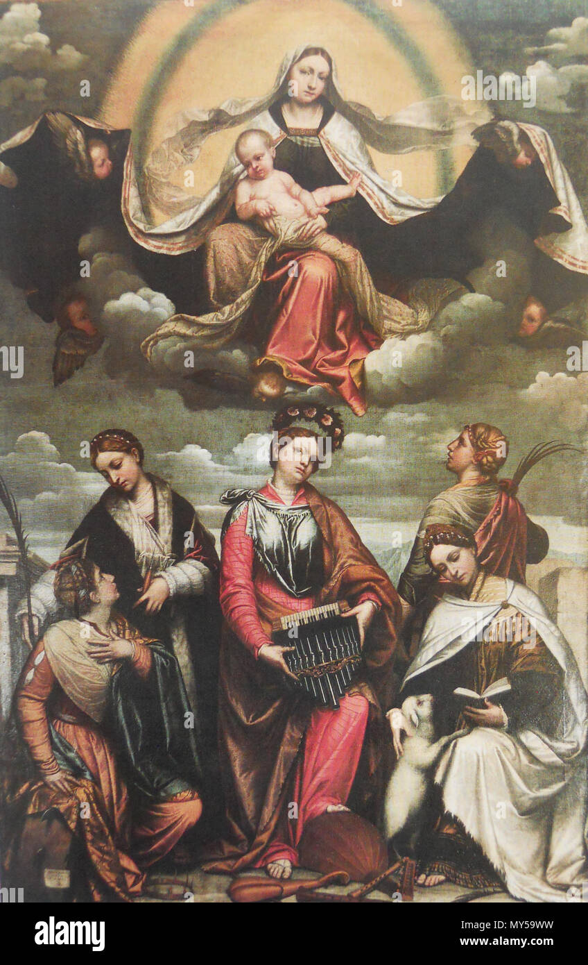 . Madonna und Kind in Herrlichkeit mit weiblichen Heiligen. Italiano: Madonna col Bambino in Gloria con le sante Caterina, Lucia, Cecilia, Barbara e Agnese (moretto). 1540. RobyBS 89 337 Madonna col Bambino in Gloria con le sante Caterina, Lucia, Cecilia, Barbara e Agnese Stockfoto